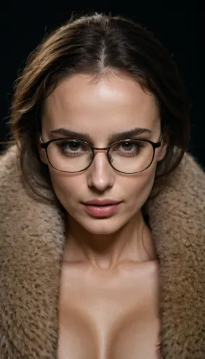 L'AI ha generato l'immagine di Heida Reed in occhiali, pellicce, piccolo seno, downblouse, nipslip con luce morbida e ombre è stata una vista mozzafiato