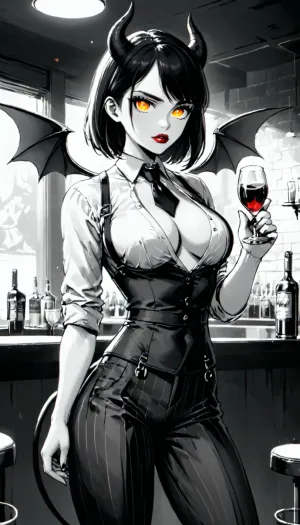 The mysterious succubus glided through the room, her long black hair flowing behind her. She wore a sleek black suit with a white pinstriped shirt and suspenders, and had a commanding presence that demanded attention. Her eyes were intense and