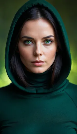 La misteriosa mujer en el retrato es capturada en una impresionante foto en blanco y negro de ilya kuvshinov, alessio albi, nina masic, foco agudo, iluminación natural y texto. Su cabello es verde y su cara es