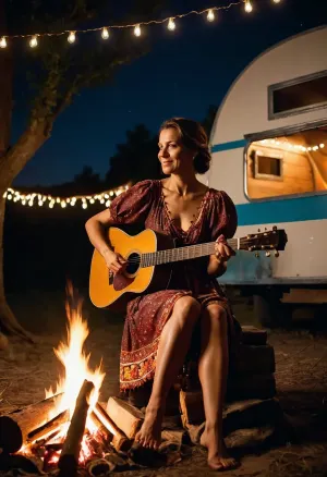 The old woman sat in front of the campfire, playing her guitar with her bare feet. She was dressed in a gypsy dress and had a picture of a 40-year-old woman on her face. The firelight flickered across her
