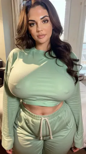 (long curly brunette hair), beautiful hair design, (photorealistic picture), (20 years old hot caucasian female with some beautiful 46DDD-cup breast), (bra less), (no bra on), (hard nipples), (breast covered by clothing), (incredibly sexy figure of a woman), (beautiful face), smiling, extrenely cute face, cute woman, (curvy woman), (realistically thick body), (seductive smile), (seductive posture), (seductive posing), standing, (partially clothed), (exposed midriff), (((full body front view))), ((modeling view)), (((oversized comfy long sleeved extra large sweatshirt))), (((baggy comfy sweatpants))), (realistic huge breast size), (huge busty breasts), (mommy milker breasts), (anorexic figure:1.5), (wide hips:1.5), (thick thighs:1), (big ass:1), (inside bedroom), cinematic lighting, cinematic shadows, (professional photo), (masterpiece), high-resolution, (realistic), best quality, best lighting, best shadows, realistic details, highest quality, high quality, (detailed skin), (realistic skin), (highly detailed skin pores), (highly detailed hair), 8k, (realistic proportions), (realistic face), (realistic eyes), (realistic hair), (realistic lightning), (realistic shadows), with, pokies, wide, hips, xlgirls, xtrpawg, ass, OverallDetail, epiCNegative, <lora:detail_slider_v4:.5>, <lora:epiCRealismHelper:.5>, <lora:pokies_9:.7>, <lora:hips2-10:.5>, <lora:xlgirls:.5>, <lora:xtrpawg:.5>, <lora:skin_slider_v10:.5>