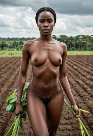 The image shows a naked African-nigerian black skinned womannaked African-nigerian black skinned woman plowing a field, and there are trees in the background. The sky is cloudy and the overall mood of the image is peaceful and serene.
