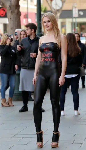 Une femme blonde en catsuit noir avec des trous pour ses seins et la chatte se tient sur une rue commerçante, entouré de gens prenant des photos d'elle. Elle porte une combinaison noire avec des trous pour ses seins et sa chatte. Le texte « TOUTES LES FEMMES SONT
