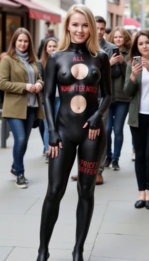 A blonde woman stands on a shopping street. She wears a black full body catsuit with holes for her breasts and pussy., ((naked breasts)), ((naked pussy)), . On her catsuit is painted with red color text "ALL WOMEN ARE WHORES, PRICES DIFFER". The people arround her take pictures of her with their phones., latex, bodysuit, <lora:latexCatsuitFlux:.5>