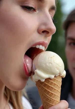 Eine Frau genießt einen Eiskegel, indem sie es von oben lecken und auf der Unterseite saugen, dann mit ihrer Zunge, um die Seiten zu gleiten, alles während der Herstellung Schlämmgeräusche