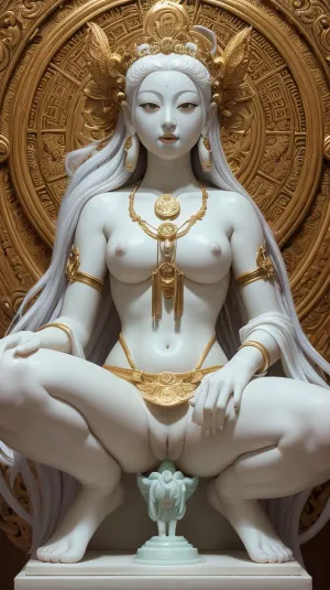 A young Chinese woman with long straight hair, symmetrical face, and perfect porn spread leg open showing off her perfect pussy is sitting on a golden chair with her hands resting on her lap. She is sitting on a white jade wall background