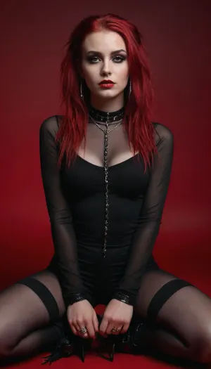 Une jeune femme dans une tenue noire d'inspiration punk avec dreadlocks et rouge à lèvres rouge est capturée dans une image frappante qui incarne l'élégante, esthétique industrielle du thème