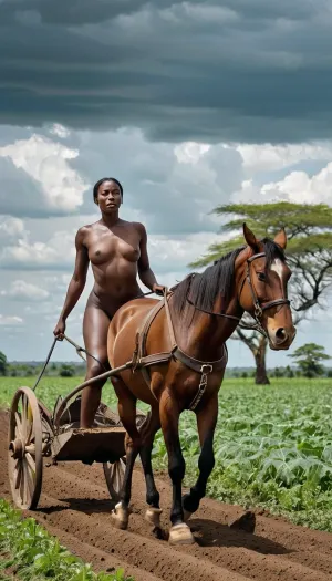 The humilate image shows a naked African-nigerian black skinned woman plowing a field with a brown horse. T, and is holding a plow in his right hand. The horse is harnessed to the plow and is trotting along the soil. The field is freshly plowed and there are trees in the background. The sky is cloudy and the overall mood of the image is peaceful and serene.