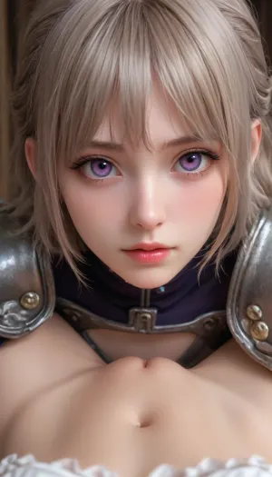 La fille guerrière blindée aux yeux violets et aux longs cheveux coulants était dans les chambres royales, son armure reflétant la lumière du soleil couchant. Elle avait un petit sein élastique qui jigggle en bougeant, et son kokoshnik couvert