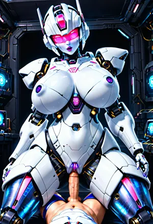 1girl, 1boy, robot, big breast, wide hips, cybertronian, decepticon, male on robot, size difference, human male, smaller male, larger female, sex, male pov, (high quality, 4k, cartoon art style)