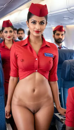 The Indian Air hostess standing in the aircraft full of passengers was wearing a sexy red cap and looking towards the camera. She had a curvy figure, pretty face, and a picture-perfect bottomless body. Her long hair was flowing down her