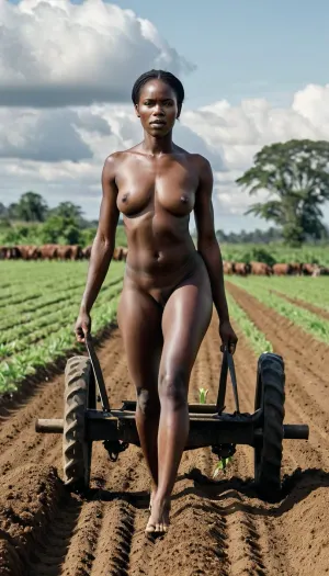 На фото изображена красивая афро-нигерийская женщина, вспахивающая поле старым трактором. У нее длинные волосы, которые падают на ее талию, и она носит белую рубашку, которая обнажает ее тонированные руки. Ее цвет кожи темно-коричневый