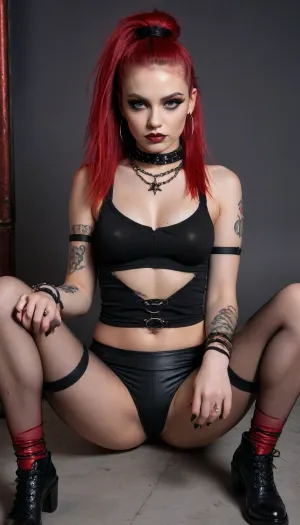The image shows a young woman sitting in a striking, edgy pose with a grunge aesthetic against a red-tinted background. Her hair is styled into long, vibrant red dreadlocks with dark roots, cascading down past her shoulders, adding a bold and rebellious element to her look. Her makeup complements the edgy theme, featuring dark eyeliner, bold lashes, and a pale complexion with subtle contouring.

Her outfit consists of a sheer black long-sleeved top that exposes a black bra underneath. She wears black fishnet tights, which add texture and edginess to the ensemble, along with thigh-high leg warmers in a ribbed, dark material. Her shoes, though partially out of frame, are platform-style boots, adding to the punk and alternative aesthetic.

Her accessories include a spiked choker around her neck, layered necklaces, and spiked wrist cuffs, all contributing to the gothic and industrial style. Her nails are painted red, matching the overall dark theme of her outfit.

Her pose is relaxed yet assertive, as she sits on the floor with her legs spread wide apart, leaning slightly forward with her hands resting between her legs on the ground. Her fingers are adorned with multiple rings, adding more detail to her look. Her gaze is directed slightly off-camera, giving an air of nonchalance and confidence. The red lighting enhances the moody, alternative vibe of the scene.