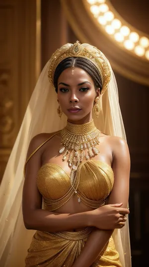 Create an image of a stunning portrait that embodies the theme of Golden Elegance, Radiance in Every Detail. The subject is a beautiful African woman exuding confidence and grace, her skin glowing with a golden hue that reflects the warmth of the golden hour. She is adorned in luxurious fashion, with elegant attire that complements her natural beauty and flawless style. The setting is bathed in soft, golden light, enhancing the richness of her complexion and the elegance of her pose. Her expression is regal and poised, capturing the essence of #AfricanBeauty and #BlackExcellence. The overall mood is one of sophistication and natural glam, with an emphasis on #QueenEnergy and timeless elegance.