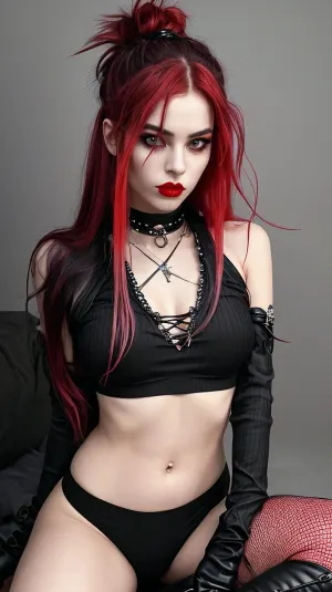 La giovane donna nella foto indossa una giacca di pelle nera, un top rosso in maglia, jeans neri strappati e anelli scuri intorno ai suoi occhi. I suoi capelli sono modellati in lunghi dreadlocks con reti nere su di loro. Lei indossa il buio