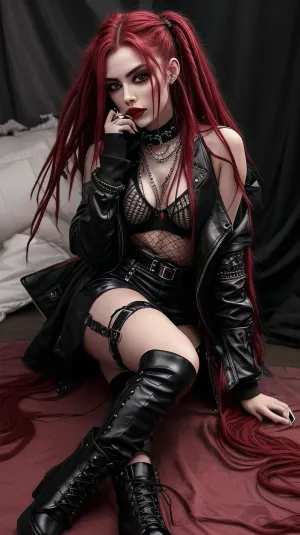 The image shows a young woman sitting in a striking, edgy pose with a grunge aesthetic against a red-tinted background. Her hair is styled into long, vibrant red dreadlocks with dark roots, cascading down past her shoulders, adding a bold and rebellious element to her look. Her makeup complements the edgy theme, featuring dark eyeliner, bold lashes, and a pale complexion with subtle contouring.

Her outfit consists of a sheer black long-sleeved top that exposes a black bra underneath. She wears black fishnet tights, which add texture and edginess to the ensemble, along with thigh-high leg warmers in a ribbed, dark material. Her shoes, though partially out of frame, are platform-style boots, adding to the punk and alternative aesthetic.

Her accessories include a spiked choker around her neck, layered necklaces, and spiked wrist cuffs, all contributing to the gothic and industrial style. Her nails are painted red, matching the overall dark theme of her outfit.

Her pose is relaxed yet assertive, as she sits on the floor with her legs spread wide apart, leaning slightly forward with her hands resting between her legs on the ground. Her fingers are adorned with multiple rings, adding more detail to her look. Her gaze is directed slightly off-camera, giving an air of nonchalance and confidence. The red lighting enhances the moody, alternative vibe of the scene.