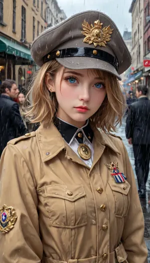 The young woman stood on the raining 19th century London street, wearing a grey cap and a trench coat with eagle medal. She was holding an umbrella over her head, shielding herself from the pouring rain. Her eyes were fixed on something in the