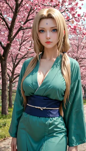 女孩站在樱花树下 她的纯洁的蓝眼睛 看着从树枝上掉下来的粉红色花瓣 她的长发在一串绿色的阶梯中流下 她胸前戴着一张照片