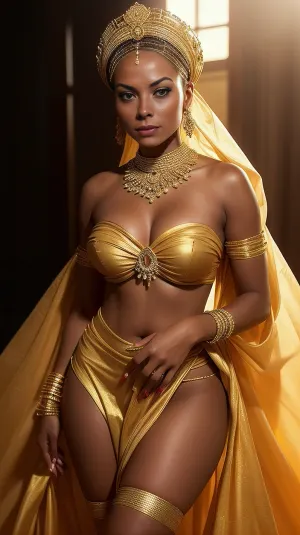 Create an image of a stunning portrait that embodies the theme of Golden Elegance, Radiance in Every Detail. The subject is a beautiful African woman exuding confidence and grace, her skin glowing with a golden hue that reflects the warmth of the golden hour. She is adorned in luxurious fashion, with elegant attire that complements her natural beauty and flawless style. The setting is bathed in soft, golden light, enhancing the richness of her complexion and the elegance of her pose. Her expression is regal and poised, capturing the essence of #AfricanBeauty and #BlackExcellence. The overall mood is one of sophistication and natural glam, with an emphasis on #QueenEnergy and timeless elegance.