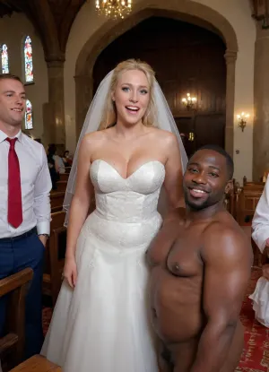 Wedding Party, ((many laughing people wedding party in the church)), stand to guests, highly detailed, Hetero couple, 1 beautiful busty Hungarian-german girl, adult, cute thin girl, bride, in weddingdress, veil, 1 man, on wedding party, many people in room, masterpiece, highest quality, ultra detailed, extreme high quality, 8k, uhd, RAW file, high quality textures, excited expression, perfect face and horny smile, pale wet skin, soft breasts, elastic breasts, large breasts, saggy breasts, pale nipples, beautiful cute bride, (((cute bride))), blonde bride, (b-cup breasts:1.2), (((suck man big cock))), (((jerk off))), on a couch in dark and messy curch room, (beautiful African men in frame:1.3), man huge belly, realistic erect huge veiny penis, (((cuckold husband beside))), white cuckold, white husband, fccid, blkd, afbbc, blackedscene, wedd00ing, tied_wrist, <lora:fccid-000006:.5>, <lora:afbbc:.5>, <lora:Wedding-Style:.5>, <lora:tied_wrist:1.4>