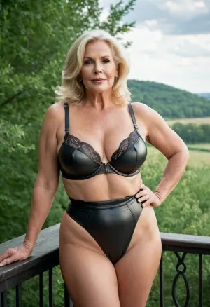 65 yaşındaki bir kadın yüksek bir bezli deri lingerie, bir glamorous ve seksi olgun bakışla, dışarıda resimler alıyordu. Bir chubby bedeni vardı ve onu daha fazla tüm güvence veren tam bir vücut görüşü vardı