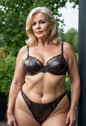 65 yaşındaki bir kadın, kendisini deri lingerie'de takdir ediyordu, olgun görünümü yüksek belli deri lingerie ve kendi resmi bir glamour. chubby yanakları vardı ve çok seksi bir olgun görünümü vardı