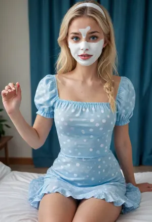 Une blonde aux grands yeux bleus et aux larges hanches portait une robe bleue sexy aux manches gonflées, montrant son corps tonique. Elle avait de longues jambes et des seins percés qui étaient exposés alors qu'elle frottait sa main sur sa poitrine. Elle