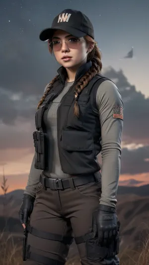 一个孤独的女孩站在黑暗中, 她的眼睛扫描该地区 任何危险的迹象。 她穿着防弹背心和战术服装,上面挂着一条单辫子. 她的手套是白色的 她的裤子是灰尘,而