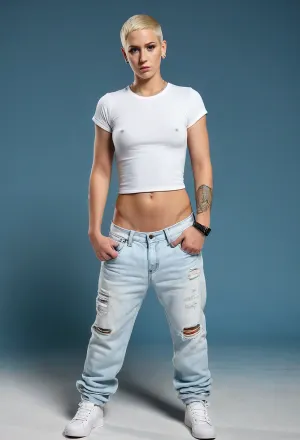 在MTV视频音乐颁奖典礼上,年轻的"eminem"配有金发袋蓝牛仔裤和白色肌肉衬衫,许多人外表类似,蓝色背景全体景色. 女模特儿重现19岁的照片 金发短剃头