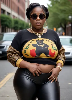 人工智能生成了臭名昭著的B.i.g在毛衣上的照片,上面装有所有黑色太阳镜,是知名的B.i.g在臭名昭著的毛衣上穿的标志性服装的视觉表现,上面装有所有的黑色太阳镜