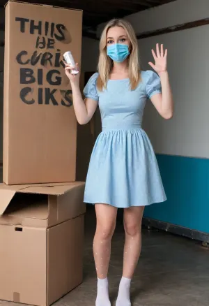 La blonde à cheveux avec de grands yeux bleus et une poitrine perky portait une robe blanche sexy avec une dentelle bleue. Elle avait de longues jambes et des lèvres séparées, son corps était mince et elle avait de larges hanches. Elle se frotta les mains en se tenant debout