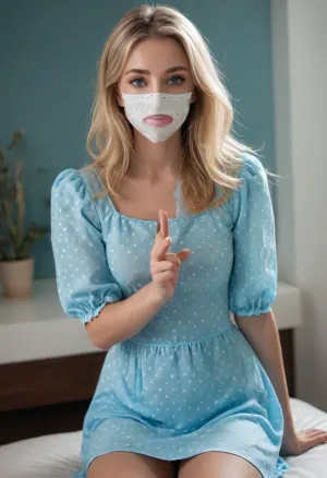 La fille portait une robe bleue sexy aux manches gonflées et longues. Elle avait des cheveux blonds, de grands yeux bleus et un grand sourire. Son corps était mince et courbé, avec de petits seins perky visibles à travers le tissu humide