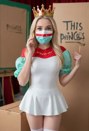 La fille aux yeux bleus et aux cheveux blonds portait une robe noire à manches courtes avec des points bleus, et elle avait une photo de ses lèvres sur la main. Elle avait des seins percés visibles à travers la chemise mouillée, et elle était