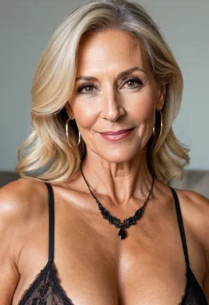 照片中的老妇人穿着性感的黑色睡衣,并假扮镜头. 她长长的侧面外观显示了她宽阔的微笑,而她的狭长外貌则让她看起来非常性感. 她的鼻子很扁 嘴唇很细,