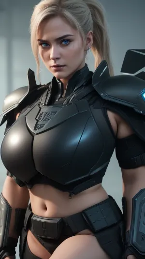 A stunning, hyper-realistic digital rendering of Sergeant Calhoun from the movie "Wreck-It Ralph." She stands confidently in the forefront, her hair swept back into a sleek ponytail, revealing sharp cheekbones and piercing blue eyes. The lighting casts dramatic shadows across her toned and curvy body, highlighting her form-fitting digital military uniform that hugs her in all the right places. The vibrant neon colors of the game world she hails from, Hero's Duty, reflect off her armor, adding a futuristic and seductive glow. Above her, the game's logo pulses with energy, creating a stark contrast with the dark, metallic background. Her weapon of choice, a high-powered rifle, is slung over her shoulder with ease, emphasizing her combat prowess. The sergeant's hand rests on her hip, drawing attention to her assertive stance and enhancing her allure. In the bottom right corner, a small, playful glitch in the image gives a nod to her video game origins. Despite the sexiness of the pose, her gaze is focused and determined, exuding a commanding presence that leaves no doubt she's ready for action. The overall composition suggests a powerful yet sensual heroine, ready to conquer any virtual or real-world challenge that comes her way., casual photo, natural beauty, soft focus, depth of field, 8k photo, HDR, professional lighting, taken with Canon EOS R5, 75mm lens, (massive huge breasts:1.8), (sexy body armor:1.8)