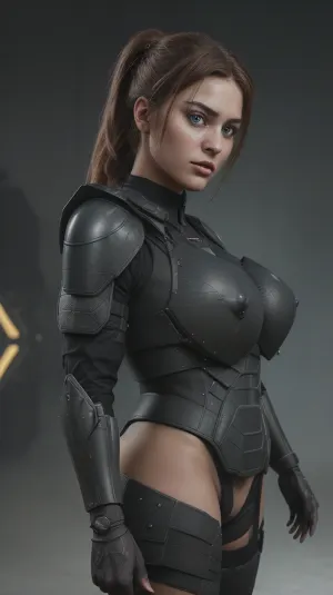 A stunning, hyper-realistic digital rendering of Sergeant Calhoun from the movie "Wreck-It Ralph." She stands confidently in the forefront, her hair swept back into a sleek ponytail, revealing sharp cheekbones and piercing blue eyes. The lighting casts dramatic shadows across her toned and curvy body, highlighting her form-fitting digital military uniform that hugs her in all the right places. The vibrant neon colors of the game world she hails from, Hero's Duty, reflect off her armor, adding a futuristic and seductive glow. Above her, the game's logo pulses with energy, creating a stark contrast with the dark, metallic background. Her weapon of choice, a high-powered rifle, is slung over her shoulder with ease, emphasizing her combat prowess. The sergeant's hand rests on her hip, drawing attention to her assertive stance and enhancing her allure. In the bottom right corner, a small, playful glitch in the image gives a nod to her video game origins. Despite the sexiness of the pose, her gaze is focused and determined, exuding a commanding presence that leaves no doubt she's ready for action. The overall composition suggests a powerful yet sensual heroine, ready to conquer any virtual or real-world challenge that comes her way., casual photo, natural beauty, soft focus, depth of field, 8k photo, HDR, professional lighting, taken with Canon EOS R5, 75mm lens, (massive huge breasts:1.8), (sexy body armor:1.8)