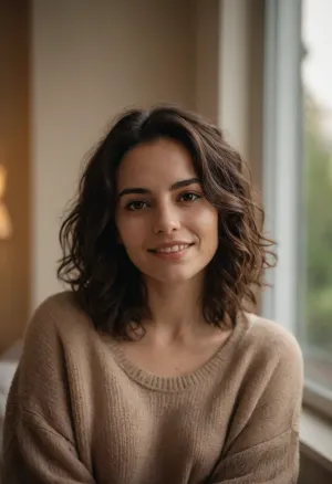 Intimate morning portrait, natural window light streaming in, tousled dark wavy hair, soft genuine smile, cozy oversized brown sweater, casual at-home vibes, mischievous glance, minimal everyday makeup, warm vanilla walls in background, lifestyle photography, candid moment, shot on Sony A7IV with 35mm f/1.4 lens, shallow depth of field, (soft morning glow:1.3), (natural skin texture:1.2), (gentle bokeh:1.2), (casual intimacy:1.4), dreamy atmosphere, film-like grain, nostalgic color grading, Instagram aesthetic, lifestyle blogger quality