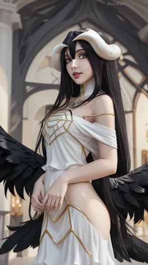 albedo_overlord, hair, between, eyes, white, dress, bare, shoulders, low, wings, ahoge, black, feathers, mouth, <lora:albedo-10:1.1>, <lora:MouthSketch_v2_90_R_FINAL:.9>