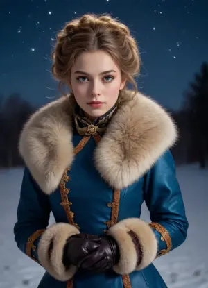 night, (The starry sky:1.5), young woman, She is dressed in the latest fashion of the 1880s, coat decorated with fur and ribbons, a muff and thin leather gloves. Her look is regal, mysterious and a little sad, "Swedish" gloves made of the finest leather, a "Skobelev" coat decorated with sable fur and blue satin ribbons, a muff, a gold bracelet, all these are fashionable details of women's clothing of the 1880s, claiming expensive elegance, dark, chiaroscuro, low-key, <lora:[SD XL1.0 LoRa] Star Shadow 星影  ほしかげ Concept:1.9>, <lora:zavy-cntrst-sdxl:1.4>