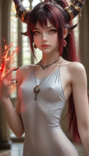 (Macro photo, photo face), Very long hair ponytail, (Short Textured Haircut), (ruby Rose Hairstyle), (oval shape head), (round head), (feminine belly), (high cheekbones), (beautiful face), (strong jawline), (Beautiful glowing red eyes), (almond-shaped eyes), (long lashes), (tin eyebrows), ((full lips), (170cm high), ((slim body)), (dark nails), (silver necklaces and earrings), (tattoos), (tattoos 25% body), (small breasts), (perky breasts), (small ass), (round ass), (firm ass), (toned legs), (lean legs), (feminine legs), (well-defined feet)), ((a beautiful Alexstrasza dragon girl, red fireball on hands, beautiful face, dragon horns, stands in the hall of a gotic castle, seductive attitude, (beautiful Erotic transparent dress, visible realistic shaved pussy no panties, Sexy stockings))), <lora:EnvyZoomSliderXL01:2>