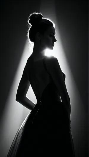 a black and white photo of a woman in a dress, art photography, a black and white photo, by Zsolt Bodoni, beautiful female body silhouette, perfect female body silhouette, beautiful shadowing, elegant noir, backlight body