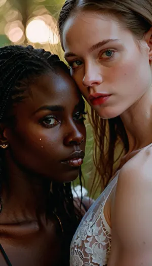 (1 very white pale Skin:1.5), (1 very Black dark Skin:1.5), young, touching, lesbian lovers, intense eyes, love in the air
