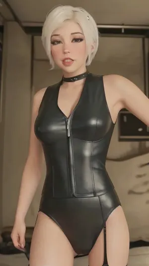 a woman, (wearing a leather vest:1.2), (face closeup:1.1), (short white hair:1.1), (short haircut:1.2), (8k, RAW photo, best quality, masterpiece:1.2), (realistic, photo-realistic:1.2), ultra-detailed, (high detailed skin:1.1), 8k uhd, dslr, soft lighting, high quality, film grain, Fujifilm XT3, professional lighting, photon mapping, best quality, ultra high res, (photorealistic:1.1), (in a car garage:1.4), wearing, mini_dress, <lora:DI_belle_delphine_v1:1>, <lora:off_shoulder_bandage_dress:.5>