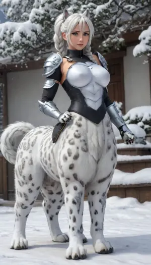 Der bezaubernde Kattaur: ein weißer Tiger Centaur mit mehreren Schnee Leopardenschwanz in einem japanischen Dorf