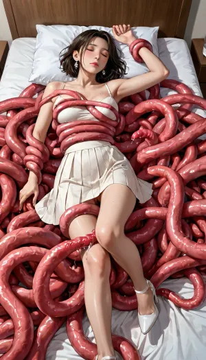 masterpiece, best quality, highly detailed, (anime:1.2), BREAK, (solo), ((a gorgeous 35 year old mature white teacher together with consensual tentacles, couple)), she is under the covers and in bed with tentacles, lying on her back, exhausted, eyes closed, sleeping, on bed, (natural D cup breasts), wet shaved pussy, slim, athletic, gymnast body, (brown hair:1.1), moaning, blushing, aroused, horny, (wearing a black blazer, black pleated skirt, high heels, white buttoned blouse:1), (teacher is pregnant, her hand on own stomach), (tentacles), (tentacles undressing her, tentacles unbuttoning her blouse, revealing her breasts, tentacles pulling down her skirt, tentacles taking off her high heels, sliding between her breasts, sliding all over her, tentacles wrap around her breasts, arms, legs, hip, ankles, caressing and groping her body:1.3), RAR, <lora:MeMaV3_ill:.5>, <lora:add_details_xl:.5>, <lora:Better Anime Backgrounds - [Background] - SDXL Version 1:.5>, <lora:RAR 0.4v:.5>