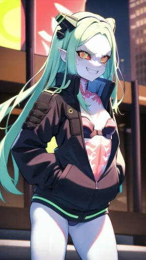 masterpiece, best quality, highres, 1girl, rebecca \, (cyberpunk\), solo, long hair, mechanical eye, colored sclera, red sclera, colored skin, white skin, leg tattoo, neck tattoo, green hair, small breasts, underwear, fang, red pupils, skin fang, red eyes, black jacket, standing, cowboy shot, straight-on, evil grin, outdoors, <lora:rebecca_v1:.7>
