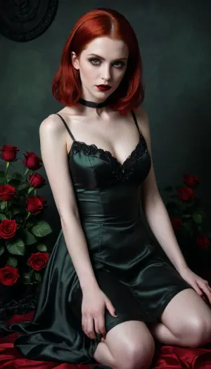 Girl, 25yo, game character, vampire, long bob haircut, shiny red hair, very pale skin, (satin dress, (black)), red lipstick, gothic makeup, green eyes, flat belly, full height picture, legs, feet, dark light, black roses, white roses