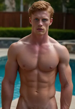 photo of a ginger man, (full body:1), (beautiful blue eyes:1.3), handsome, 20yo man, college student, topless, (naked:1.5), pool, daylight, sun, dripping wet, (((large hard perky nipples))), vpl, (chiseled abs and obliques:1.4), showing, his, face, and, penis, Big, cock, <lora:pein:1>