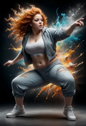 Wall art, ssbbw break dancer, girl with natural ginger hair, Hip hop, in the style of martin ansin, hip hop aesthetics, graphic, sharp angles, splash art, neo-concrete art, grzegorz domaradzki, silkscreen, letterpress, dynamic forms, vectors, adobe illustrator, ral-dissolve, <lora:add-detail-xl:.7>, <lora:ral-dissolve-sdxl:.6>