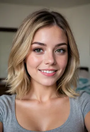 21 Year old fit girlfriend in her college dorm bedroom, (ashen blonde hair styled in a short pixie-cut with textured waves with dark roots), , Fit body, toned body, athletic body, subtle freckles, dimples, cheek dimples, dimples in cheeks, seductive smirk, conspiratorial smile, spunky attitude, feisty attitude, high energy, rockstar attitude, selfie, raised selfie, soft focus on eyes, ZipRealism, <lora:sunnyrayyxo_v1_SDXLBase:.4>
